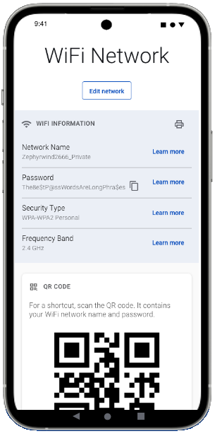 CenturyLink app WiFi network screen with QR code