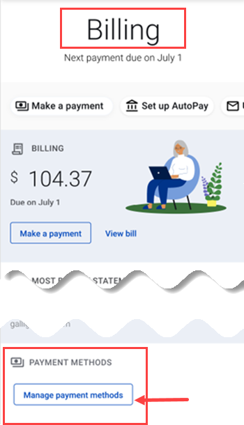 app screenshot Billing manage payment methods