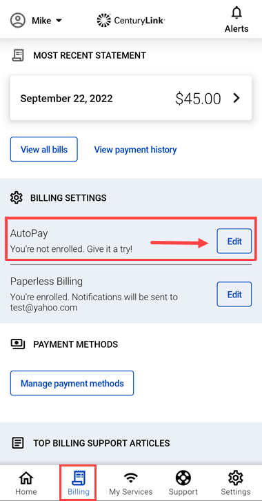 screenshot from app Settings, enroll in AutoPay