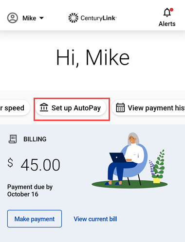 screenshot of app home screen showing quick button to set up AutoPay