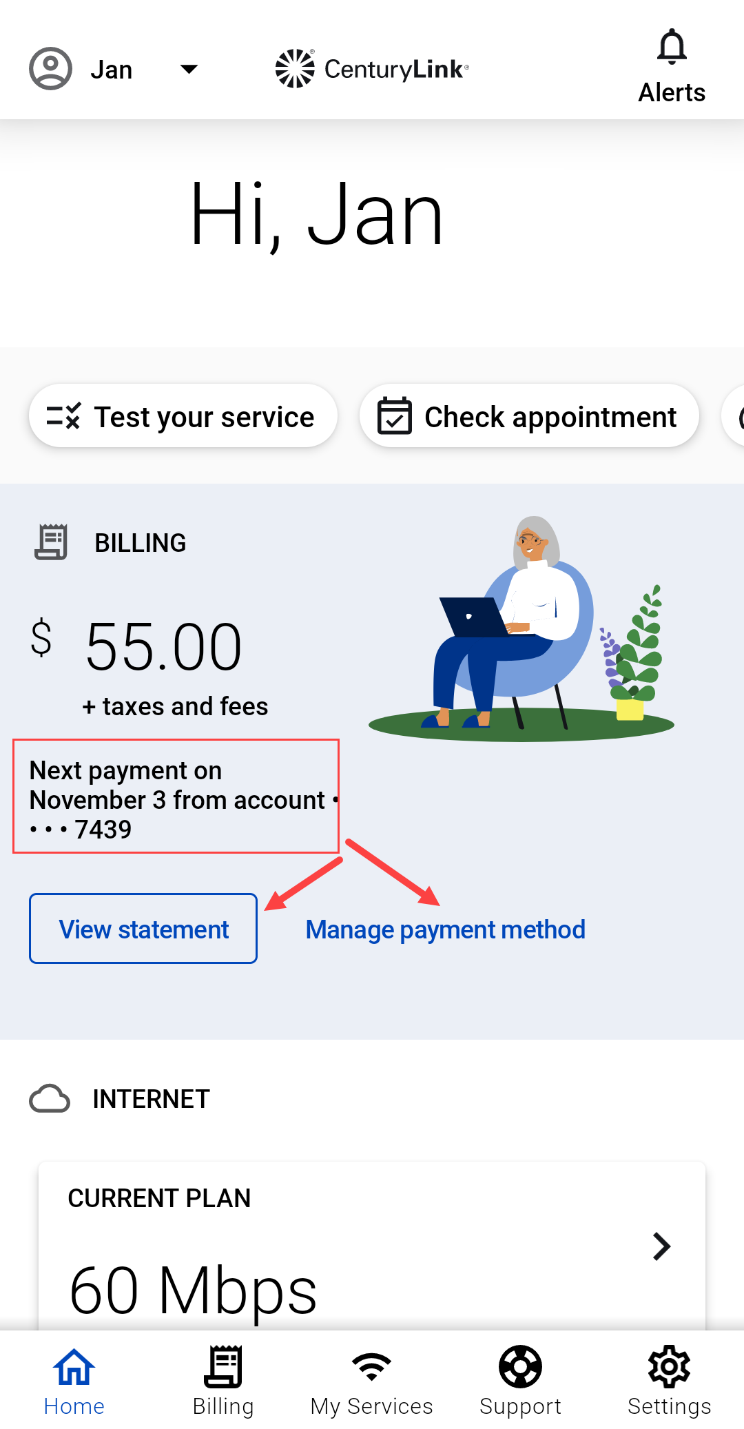 screenshot from the app of home screen for a prepaid account