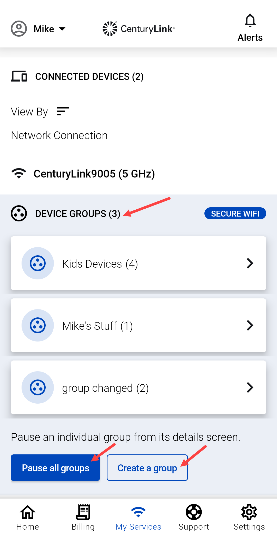 screenshot from app showing the Device Groups section of the Internet screen