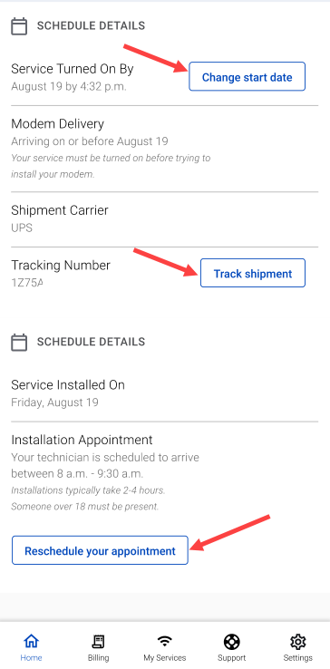 screenshot from app showing schedule details for a new customer