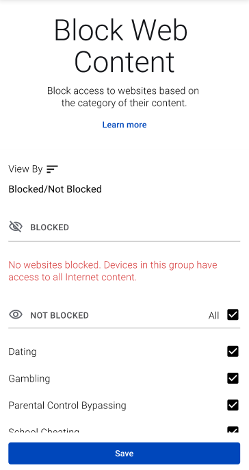 screenshot from app showing Block Web Content screen