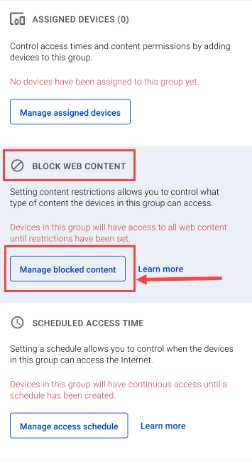 screenshot from app showing Block Web Content section of Group Details screen