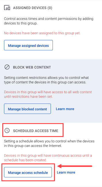 screenshot from app showing Scheduled Access Time section of Group Details screen