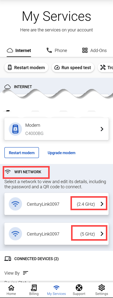Screenshot from the app My Services screen