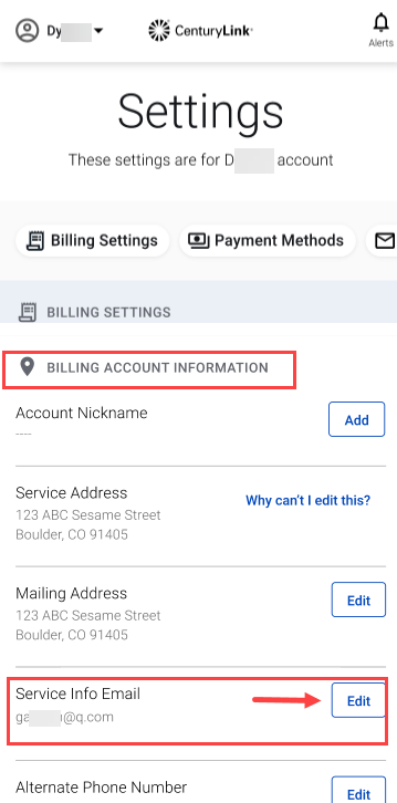 CenturyLink app, settings screen showing email address