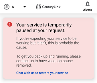screenshot from app showing the Vacation Hold notice