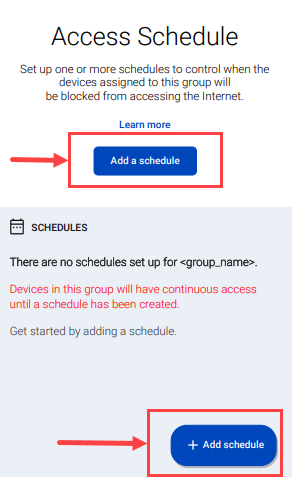 CenturyLink app screen for adding an access schedule