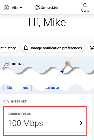 home screen of CenturyLink app showing Internet section