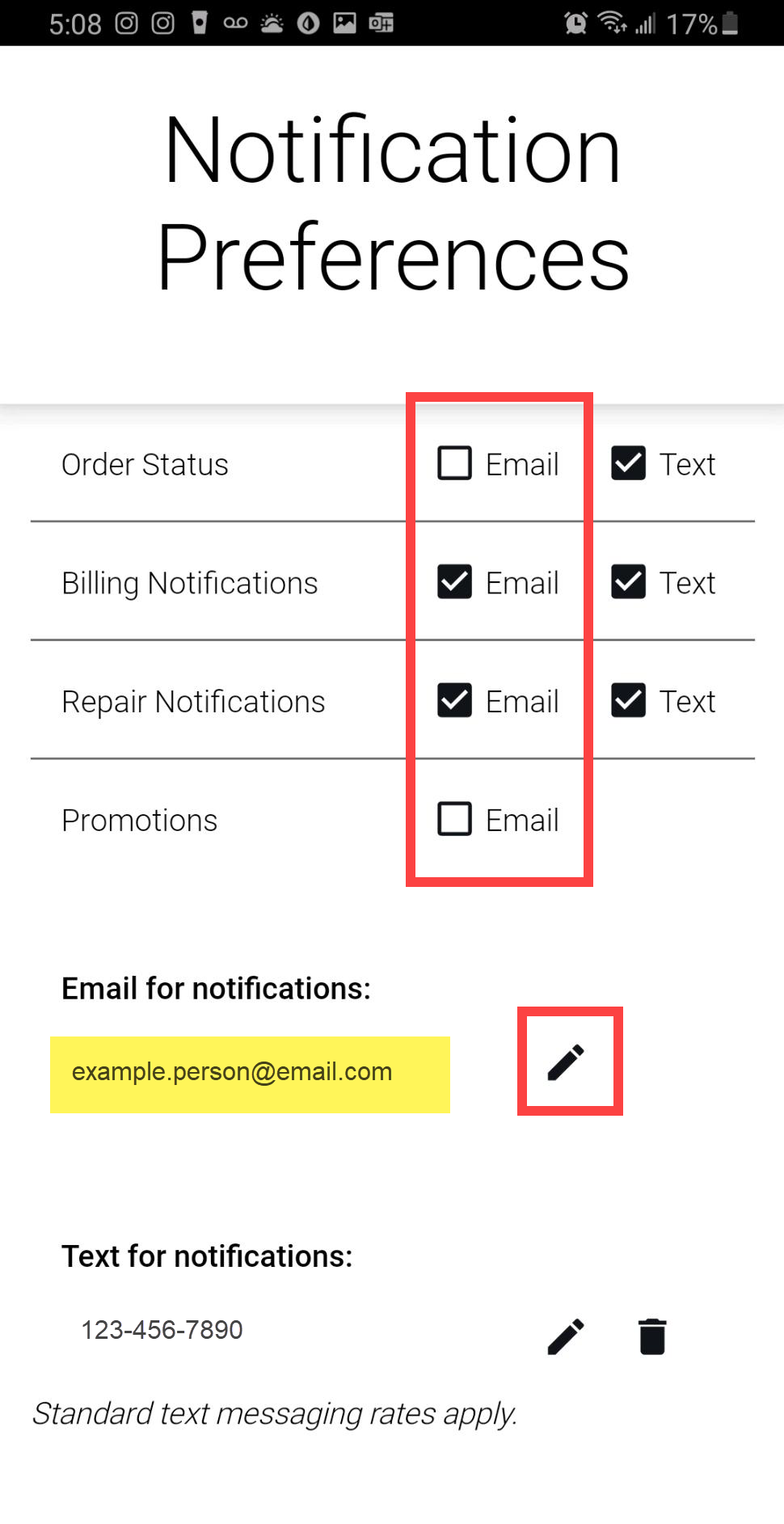 CenturyLink app, notifications screen