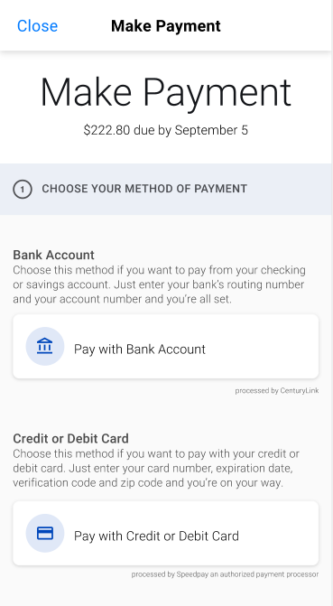 app screenshot showing the pay bill screen step 1, payment options