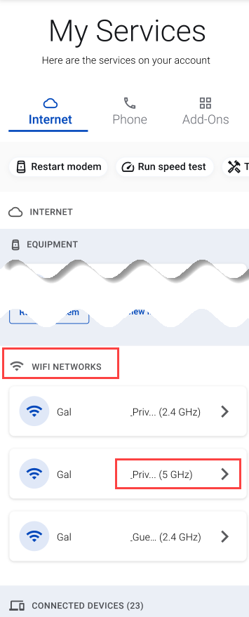 App "My Services" screen showing WiFi networks