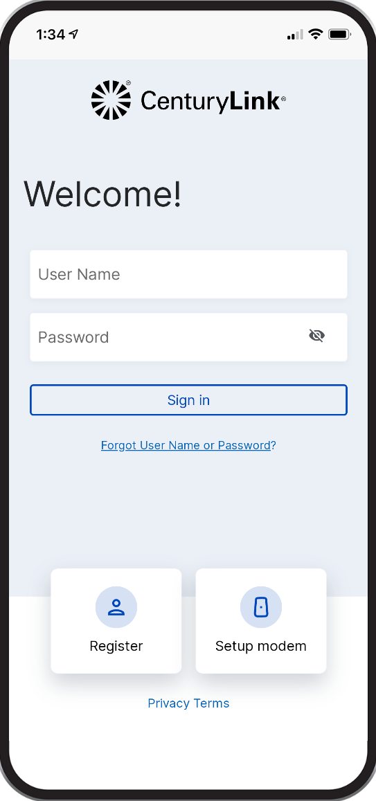 CenturyLink app sign-in screen