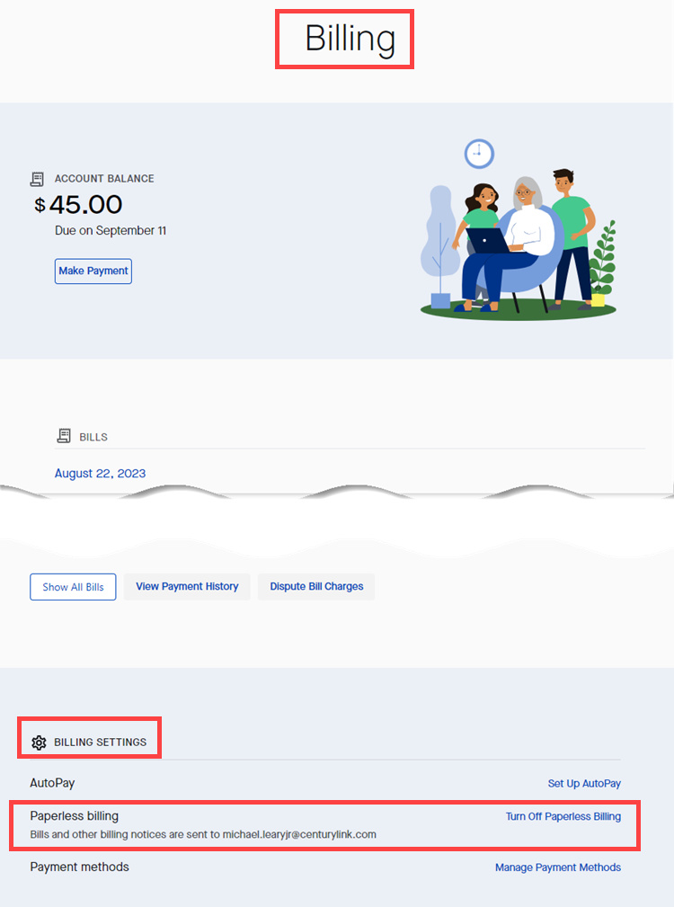 My CenturyLink Billing Settings - paperless billing option