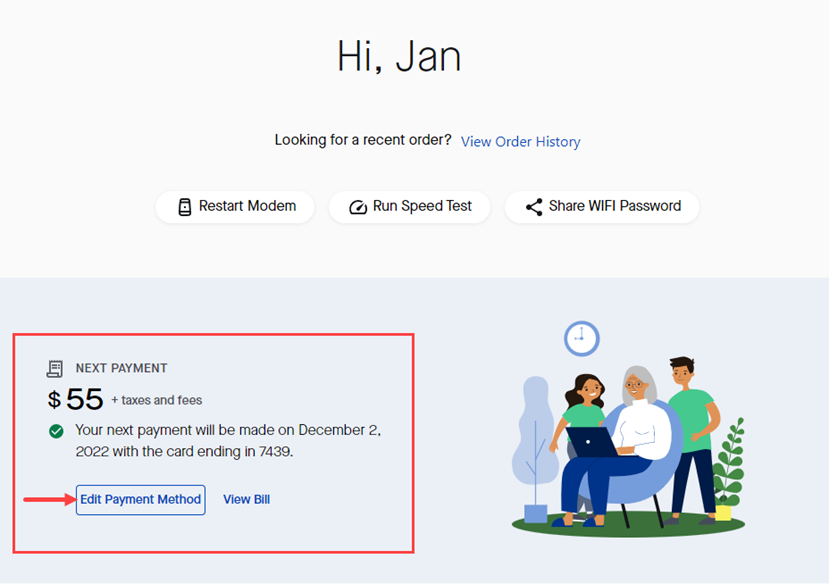 My CenturyLink home screen for a prepaid account, showing button to edit payment method