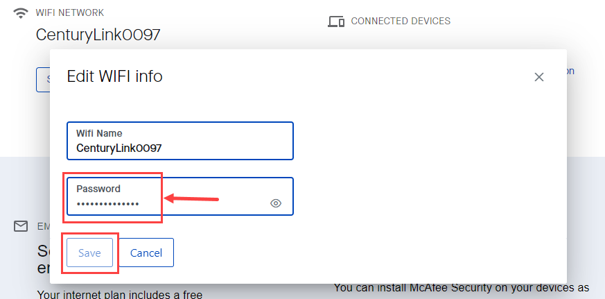 My CenturyLink edit password box