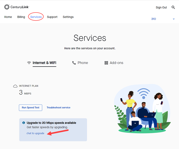 screenshot from My CenturyLink services page showing option to upgrade by chat