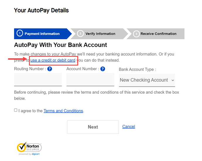 My CenturyLink AutoPay details page with link to use credit or debit card