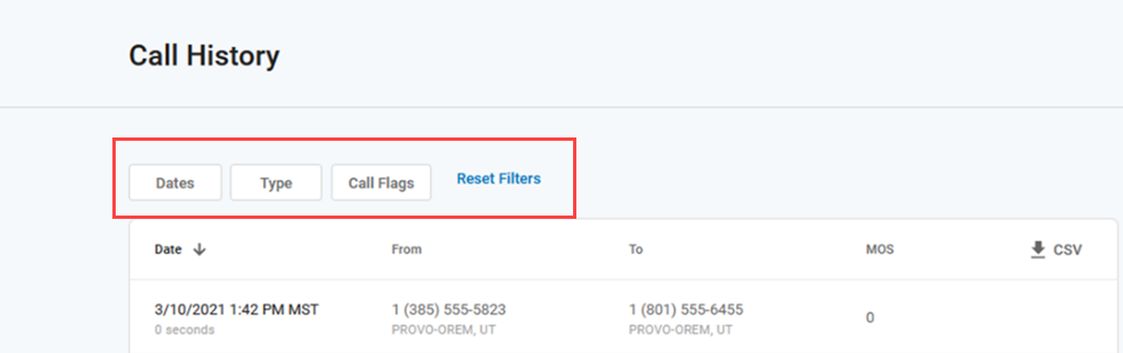 Use filters to select specific calls from your history