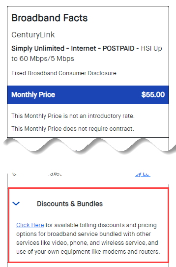 CenturyLink Broadband Internet Information Label, Discounts and bundles