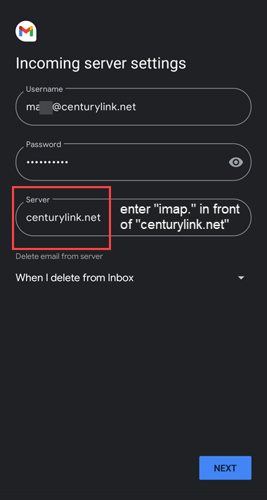 Android "Incoming server settings" screen