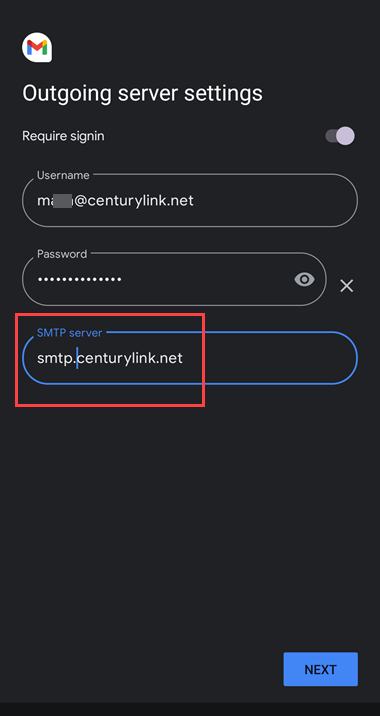 Android "Outgoing server settings" screen