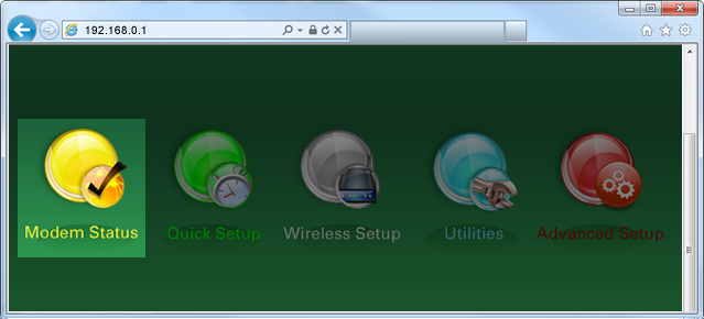 Screenshot of modem settings GUI menu, with Modem Status highlighted