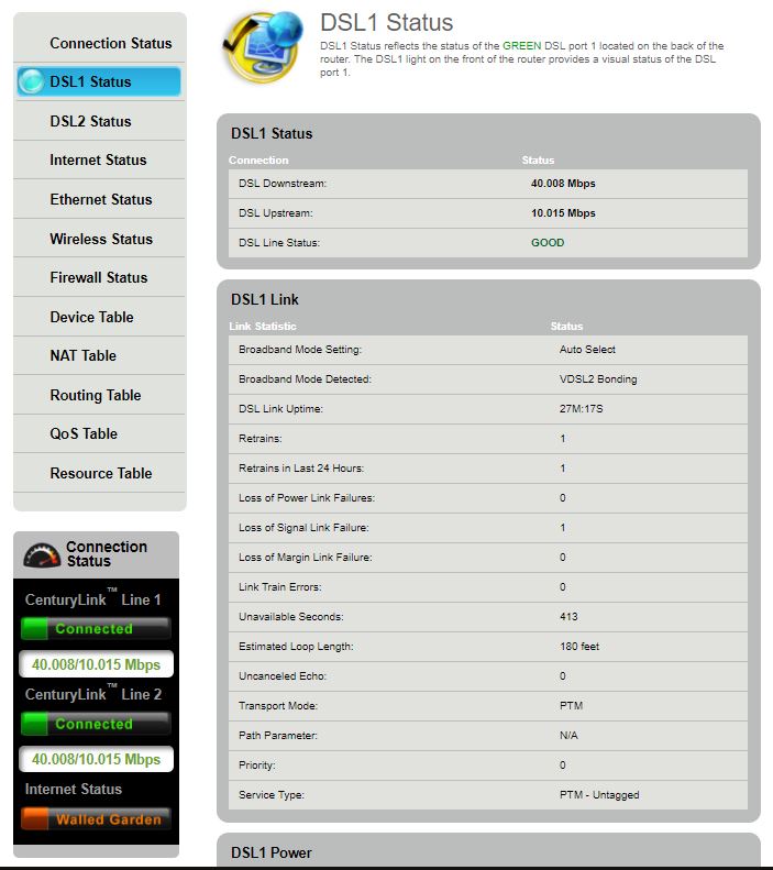 Modem status - DSL1 status