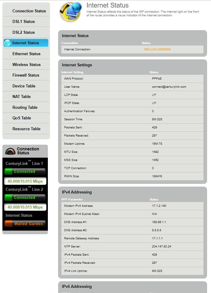 Modem status - internet status