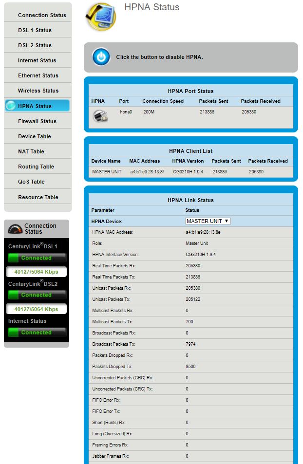 Modem status - HPNA status