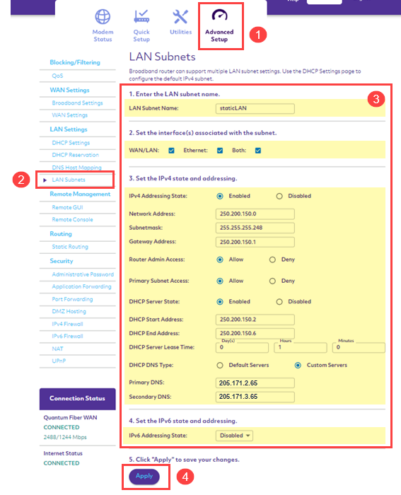 C5500XK static IP setup - LAN subnets