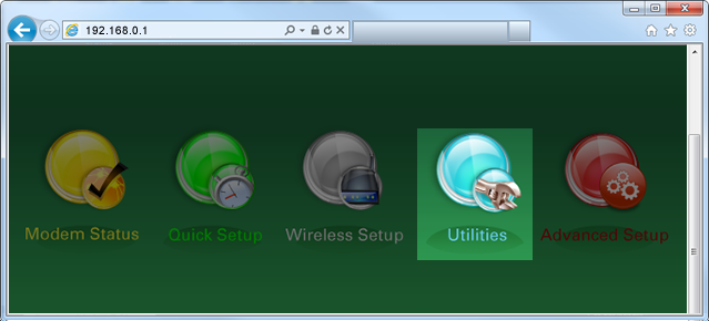 Screenshot of modem settings GUI menu, with Utilities highlighted