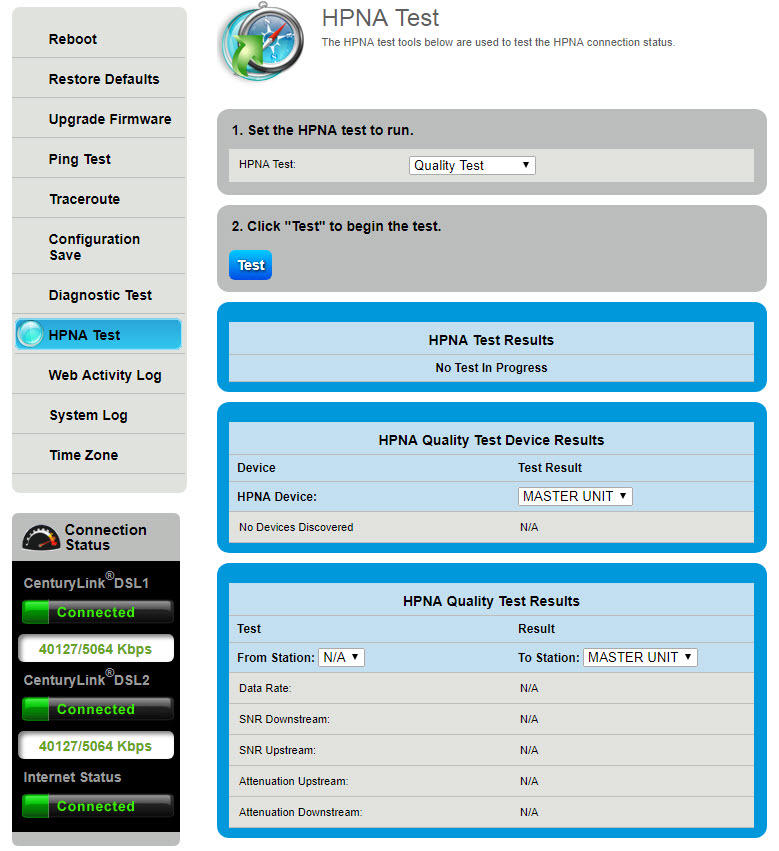 Modem utilities - HPNA test