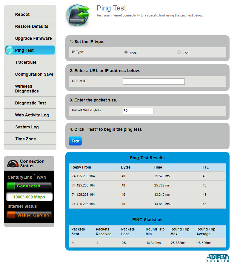 Modem utilities - ping test