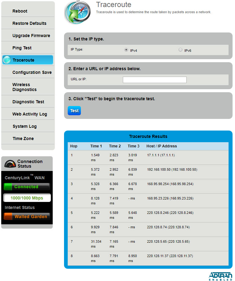 Modem utilities - Traceroute