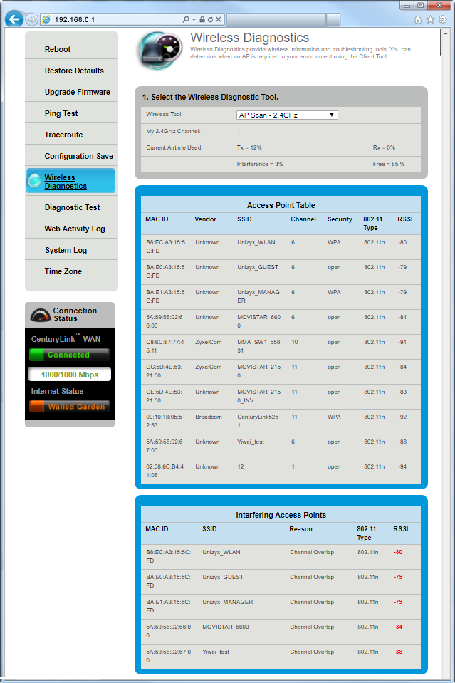 Wireless diagnostics - sample AP scan 2.4 GHz