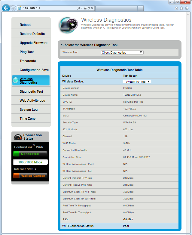 Wireless diagnostics - sample client diagnostics