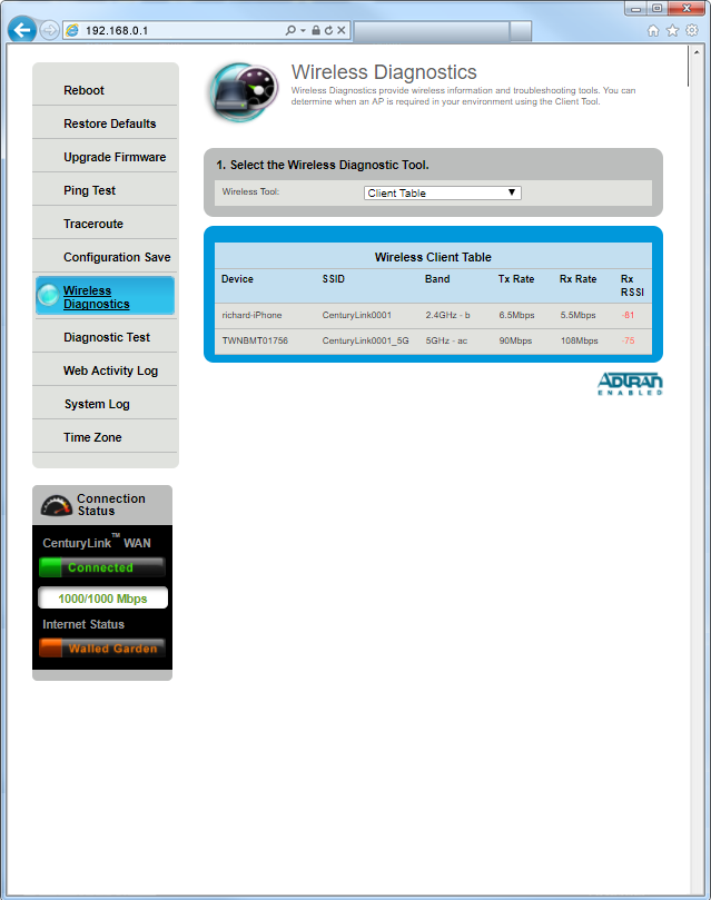 Wireless diagnostics - sample client table