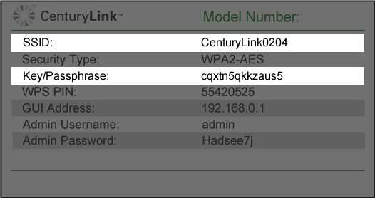 Modem sticker label showing network name (SSID) and password (key)