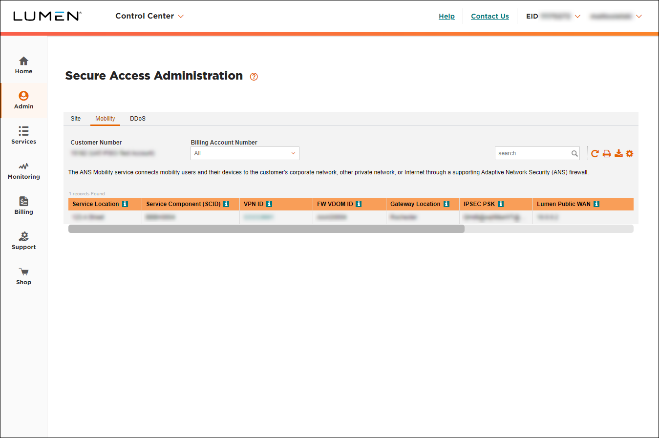 Secure Access Administration (showing Mobility tab)