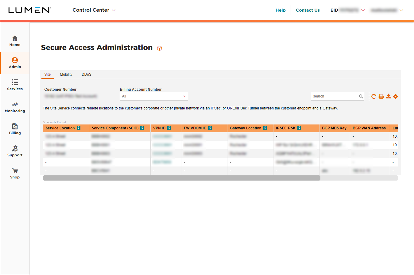 Secure Access Administration (showing Site tab)