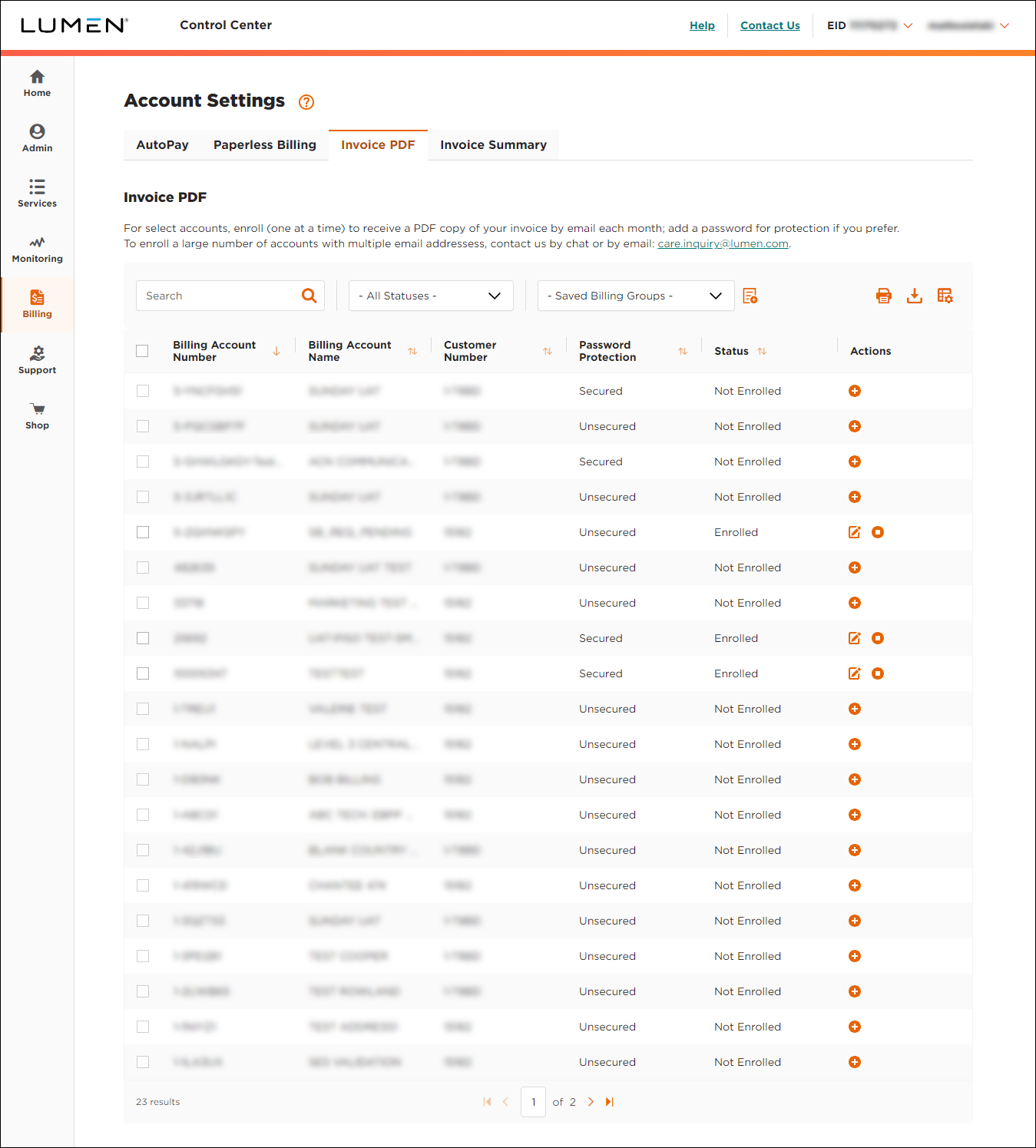 Account Settings (showing Invoice PDF tab)