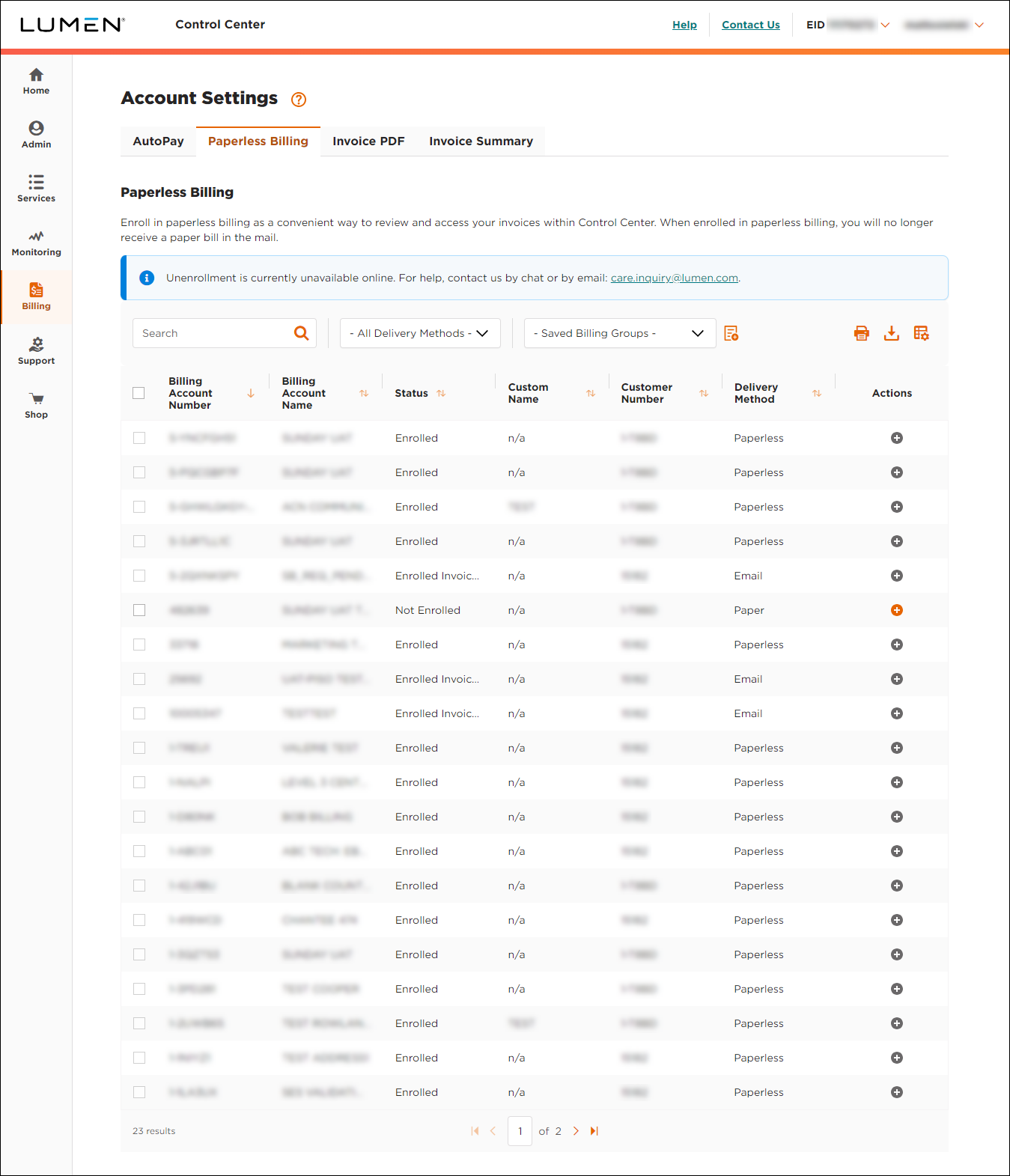 Account Settings (showing Paperless Billing tab)