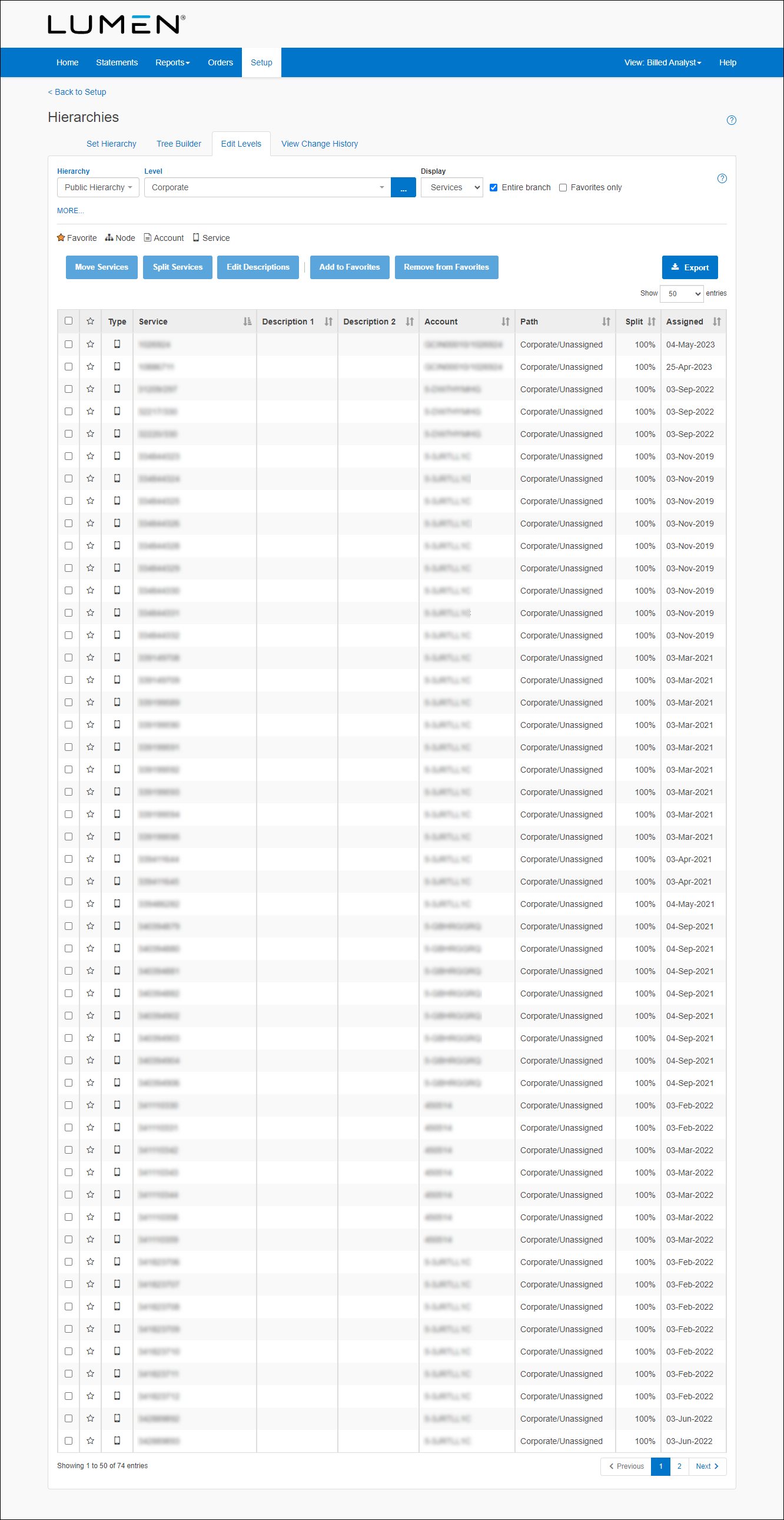 Hierarchies (showing Edit Levels and Services selected)