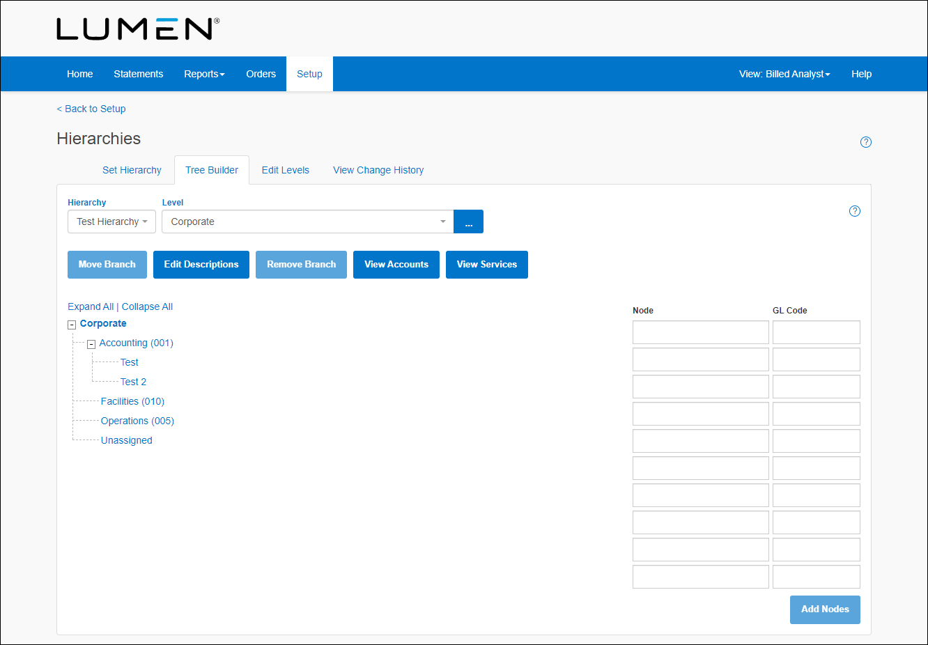 setup tab hierarchies tree builder tab with nodes