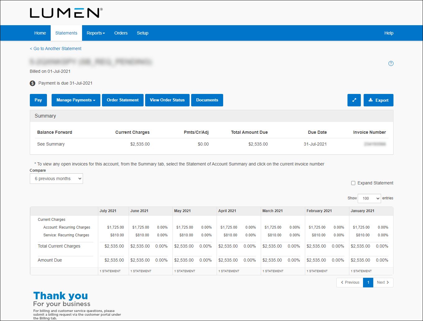 Sample statement (showing expanded view and comparing statements)