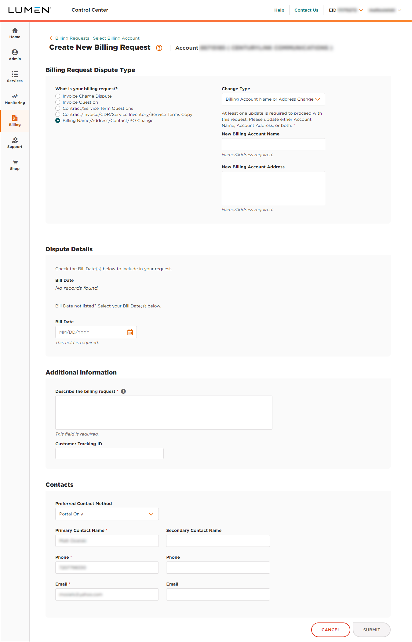 Create New Billing Request (after selecting Billing Name/Address/Contract/PO Change)