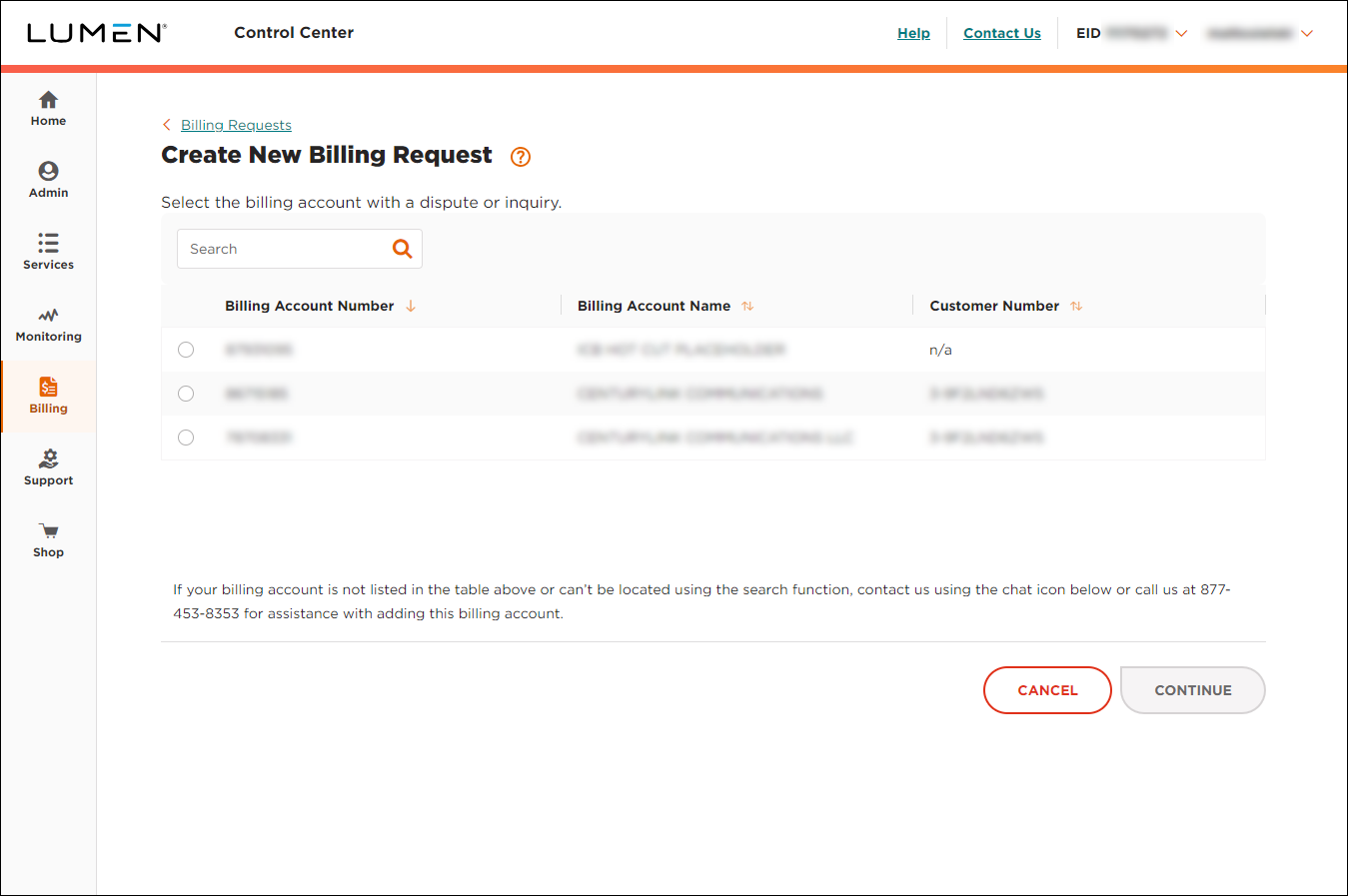 Create New Billing Request (showing billing accounts)